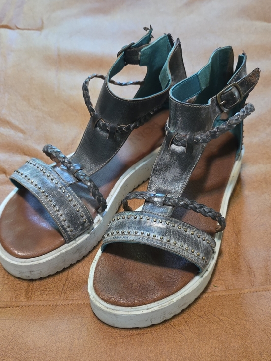 Shoes - Metallic Gray Braided Ankle-Strap Platform Sandals